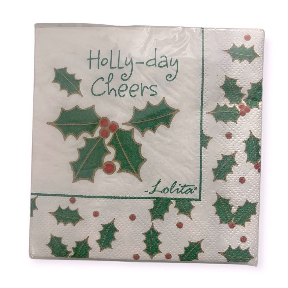 Lolita Holly Berry TW4-8400 White Green 20-Count 3-Ply Beverage Napkins 9”x9”